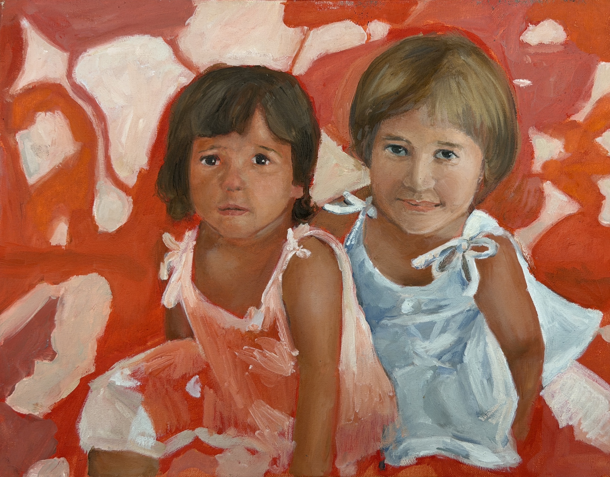 Work 1: A portrait of my sister and me as toddlers in complementary dresses, set against an abstract background.