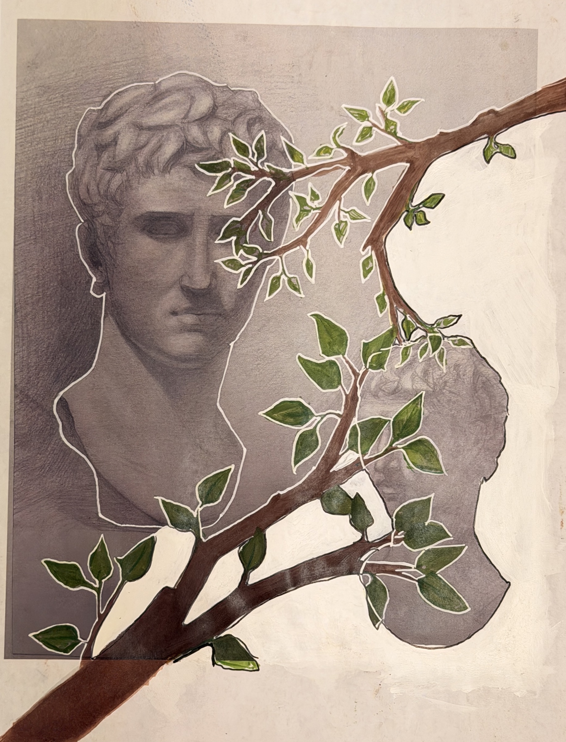 Work 2: A drawing of Augustus Caesar framed by olive branches, a symbol of the Roman Empire.
