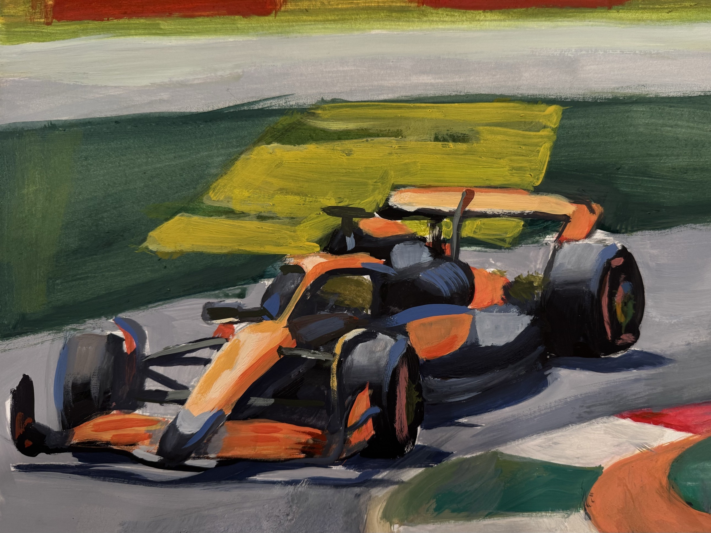 Work 6: A Formula 1 car taking a corner, painted in loose, energetic brushwork.