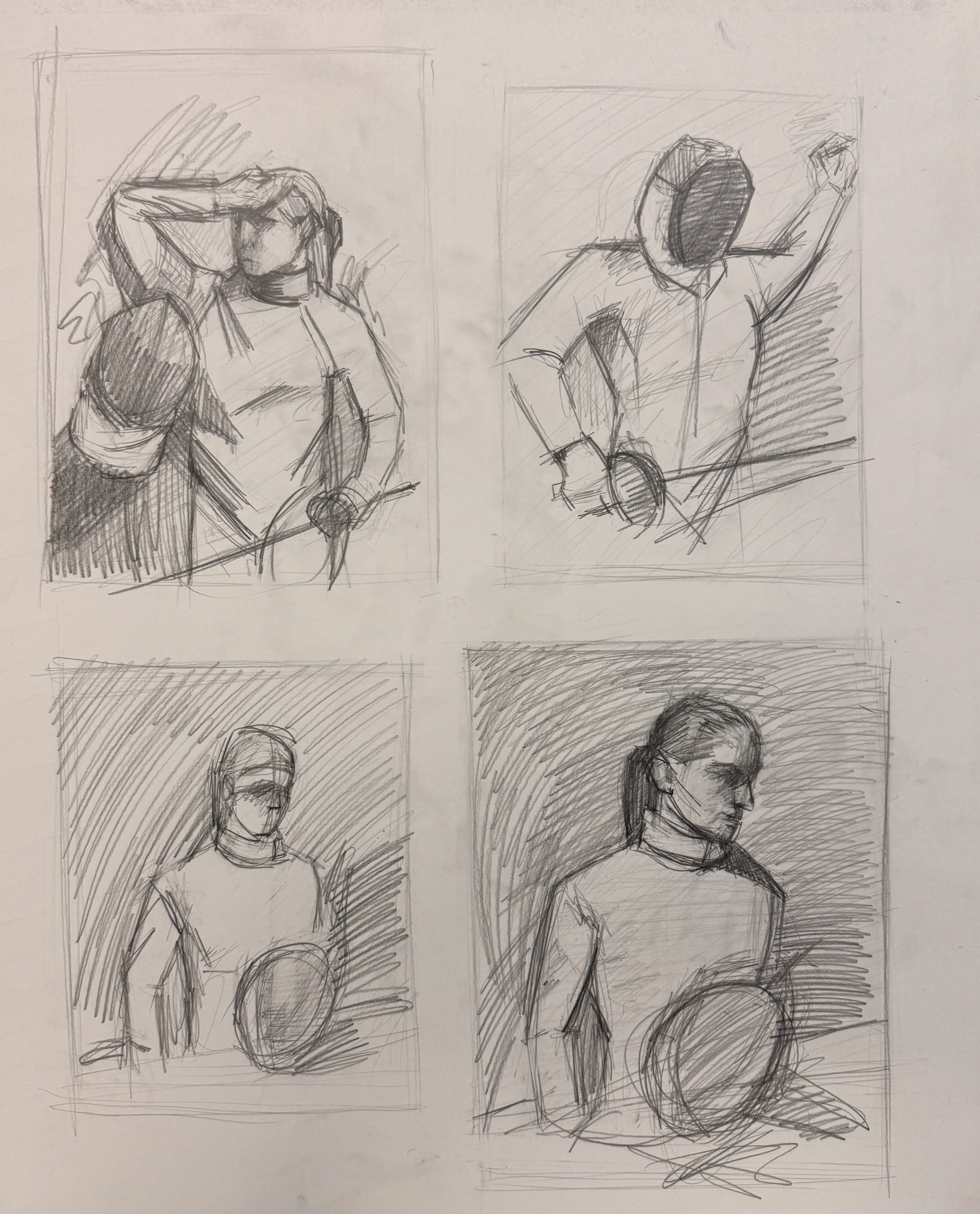 Work 19: Four pencil thumbnails planning the composition of the fencer portrait.